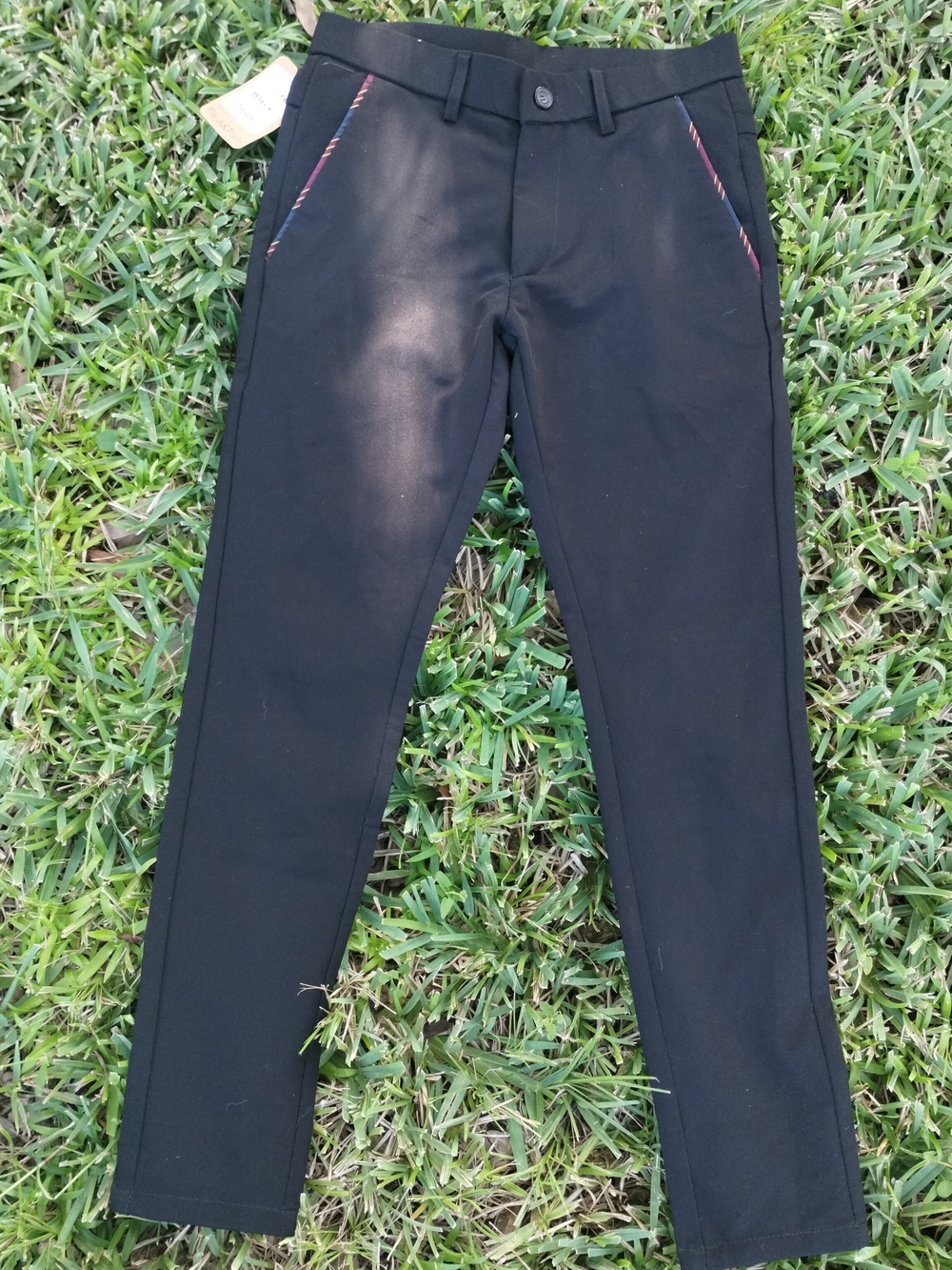 Plaid & Plain Women's Black Skinny Fit Pants Pockets Flat Front Button 27Wx28/L